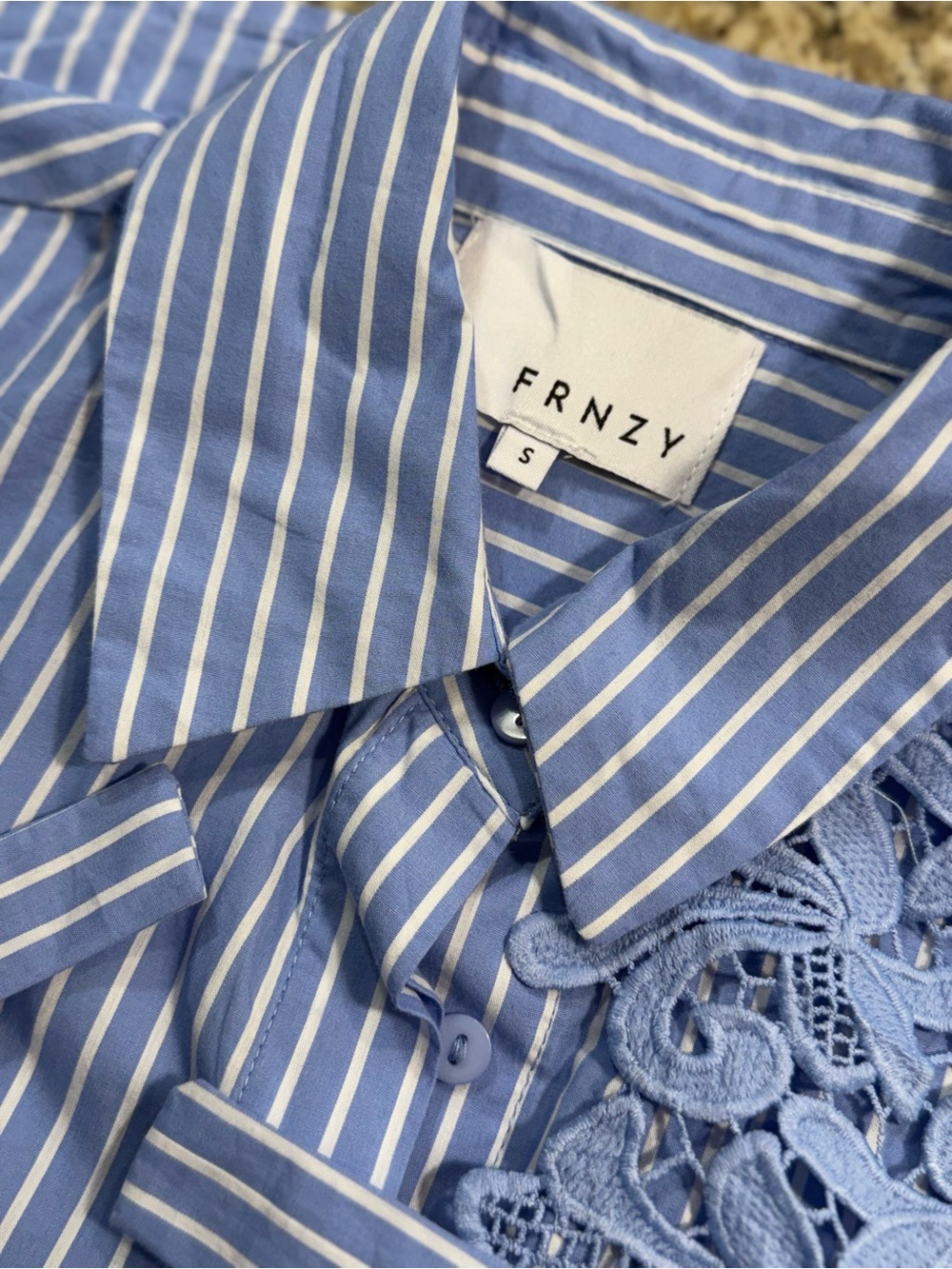 Blue Striped Button-Up Shirt with Lace Appliqué and Tie Waist size Small - Picture 7 of 7